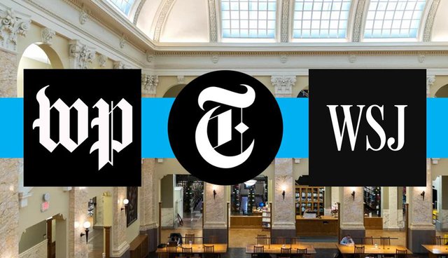 Photo of Carnegie Library with overlaid blue banner and black and white logos for the Washington Post, New York Times, and Wall Street Journal