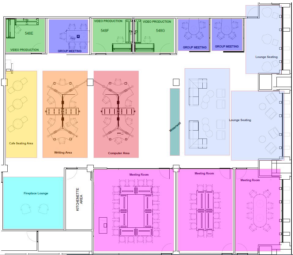 map of Mower Faculty Commons with rooms color coded