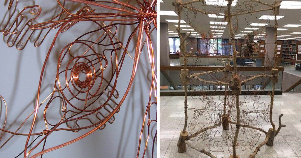 close up of copper wire from sculpture next to image of full sculpture made from copper wire