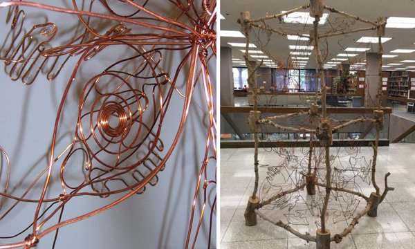 close up of copper wire from sculpture next to image of full sculpture made from copper wire