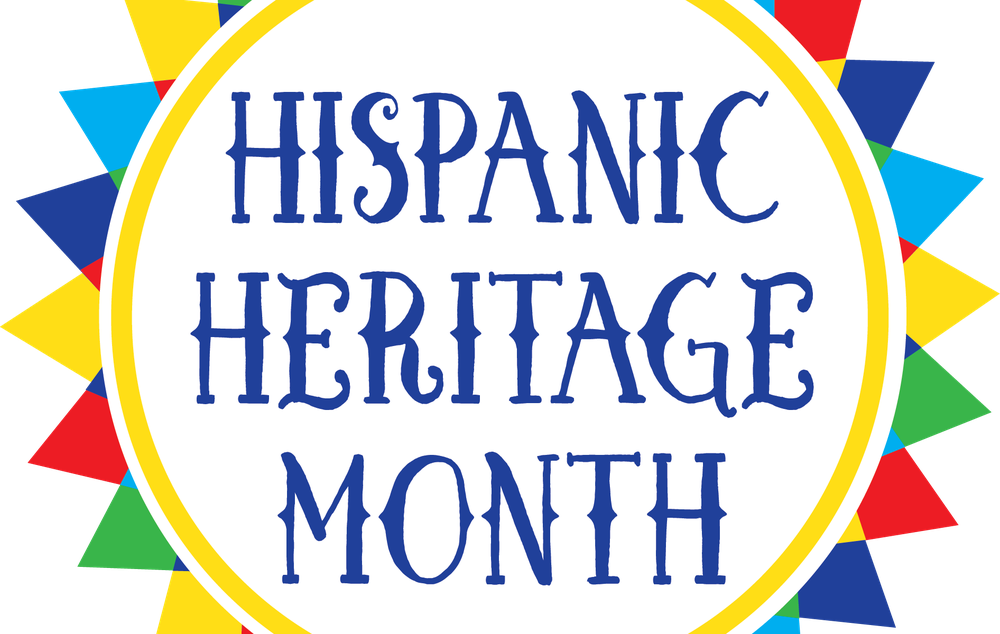 rainbow starburst with words Hispanic Heritage Month in center
