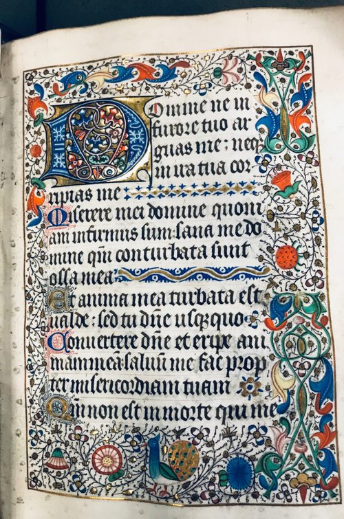 Red, orange, blue, green, gold, and pink designs of flowers, animals, and initials accompanying black Latin text on vellum.