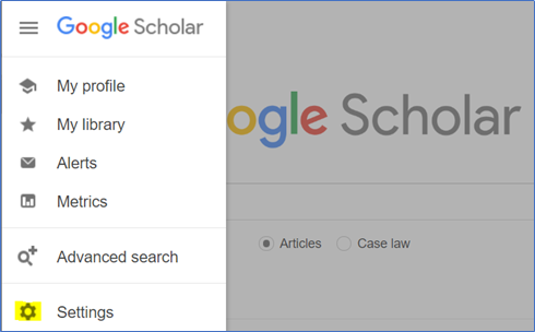 google scholar screen shot includes my profile, my library, alerts, metrics, advanced search and setting on left; search bar on righ