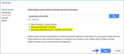 in google scholar settings menu, highlight text selected reads: Open WorldCat - Library Search; Syracuse University - SULinks; Syracuse University Library - Full Text via SU Links