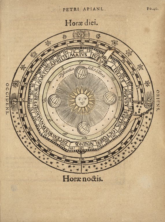 drawing of ornate circular image with smiling sun in center