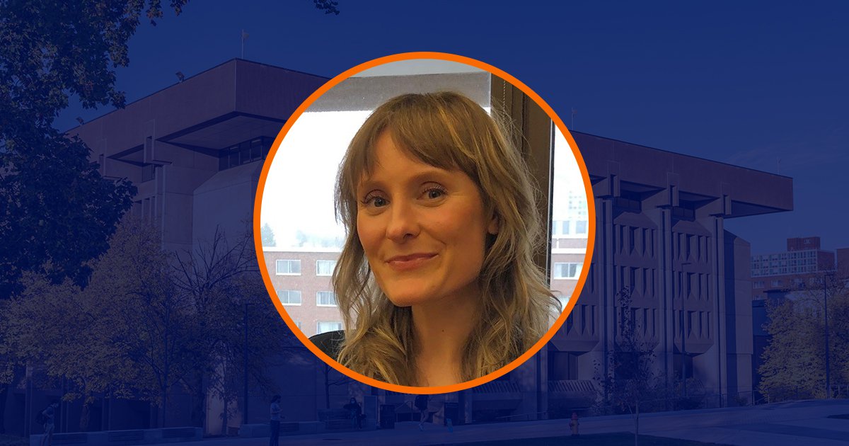 Circular portrait of Jana Rosinski with orange outline over dark blue overlaid image of Bird Library