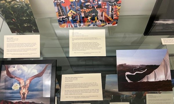 book covers depicting landscape scenes with brief description next to them in display case