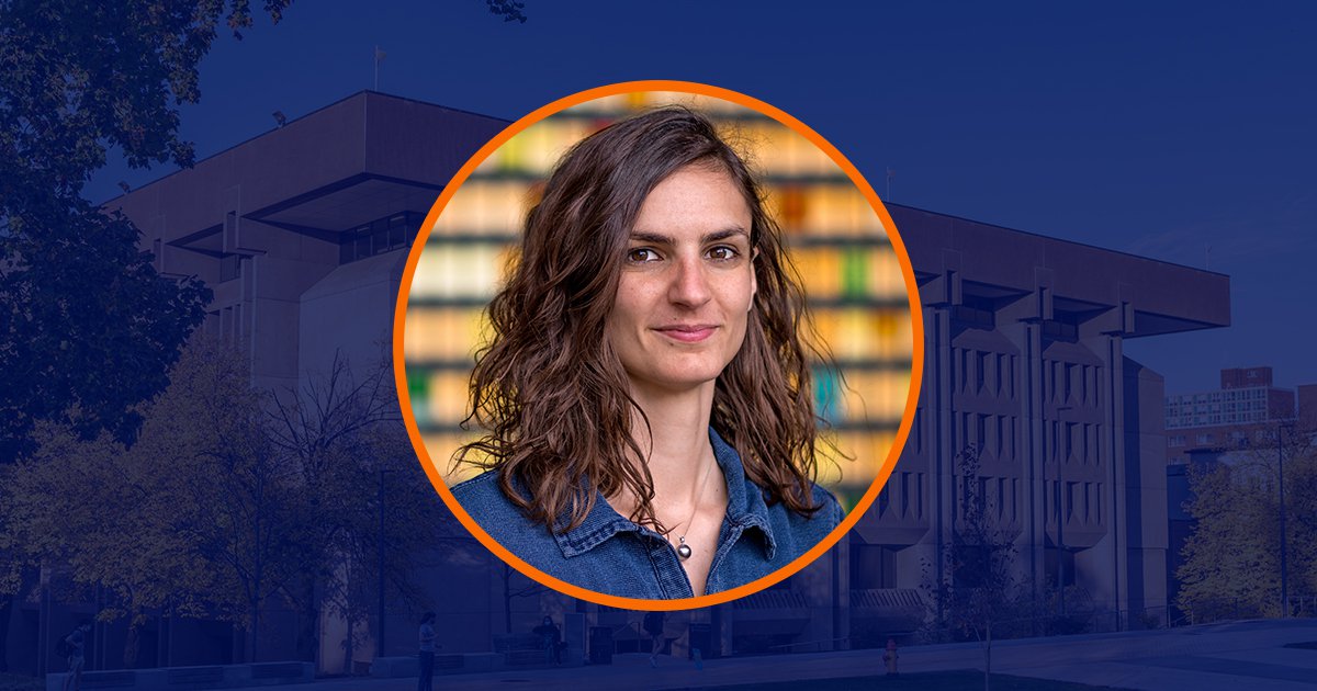 Circular portrait of Lorenza D’Angelo with orange outline over dark blue overlaid image of Bird Library