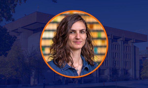 Circular portrait of Lorenza D’Angelo with orange outline over dark blue overlaid image of Bird Library