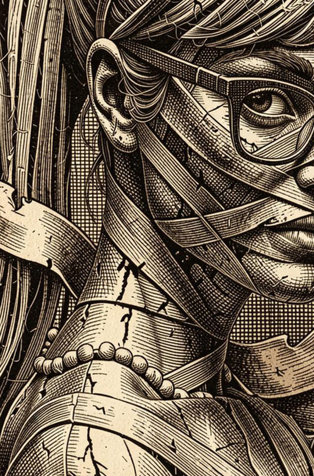 illustration of woman with glasses and ponytail wrapped like mummy