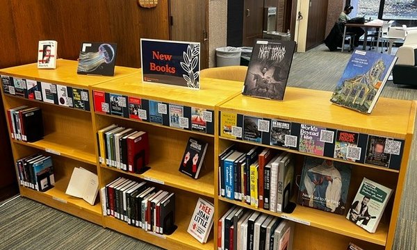book shelf with books and sign that reads "New Books"