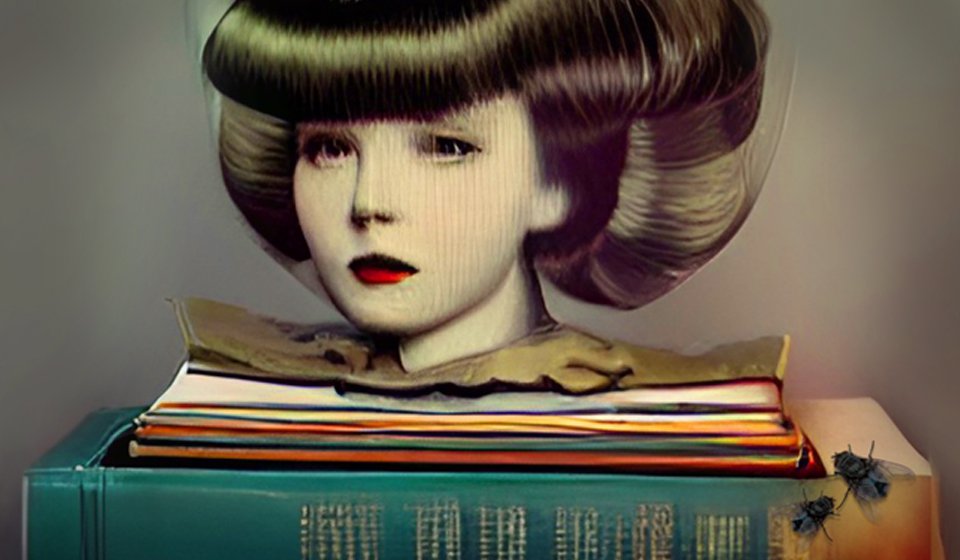 female doll head atop books