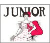 illustration of woman wearing red dress and word "Junior" across top