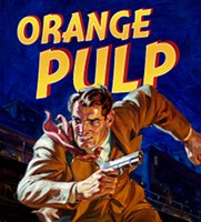 title in orange at top with illustration of man running wearing suit and holding gun below it