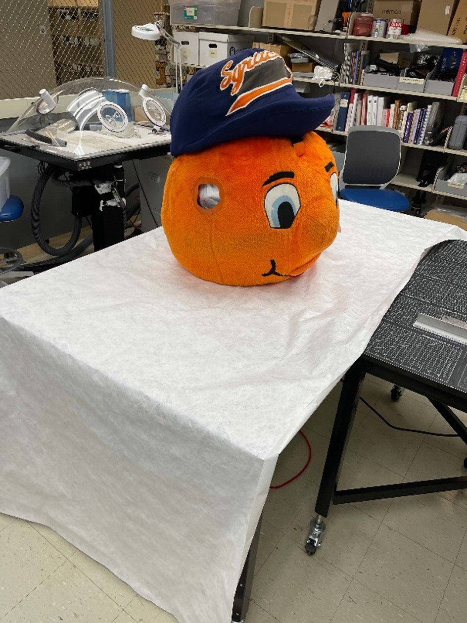 head of otto the orange mascot on table with paper below it