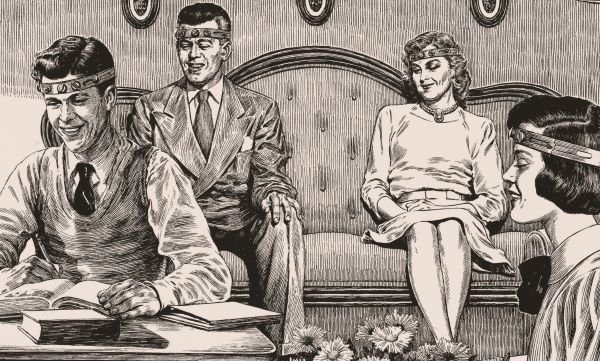 Destroy All Monsters: Developments in Fandom and Participatory Culture with illustration of four people sitting in living room with headbands on