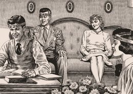 illustration of two men and two women sitting in parlor with headbands on