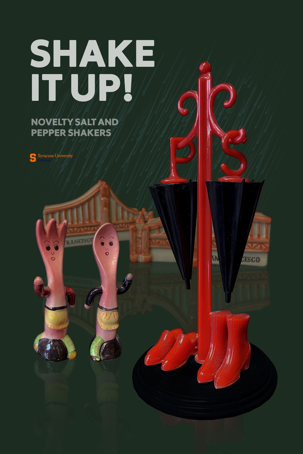 poster that reads "Shake it up!" and has mini umbrella and shoes, mini spoon and fork, and mini bridges salt and pepper shakers