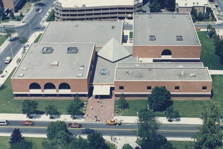 aerial view of large square building
