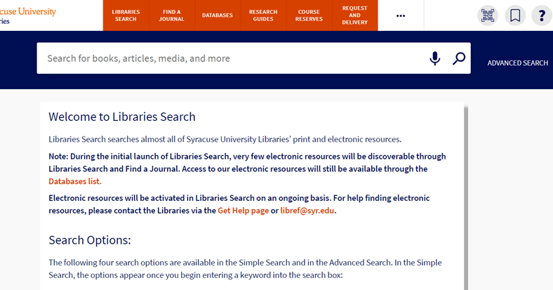 Screen shot of new Libraries Search homepage