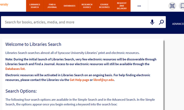 Screen shot of new Libraries Search homepage