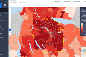 Map created in Simply Analytics showing the percentage of people in Syracuse who attended a JMA Dome event in 2024