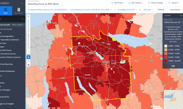 Map created in Simply Analytics showing the percentage of people in Syracuse who attended a JMA Dome event in 2024