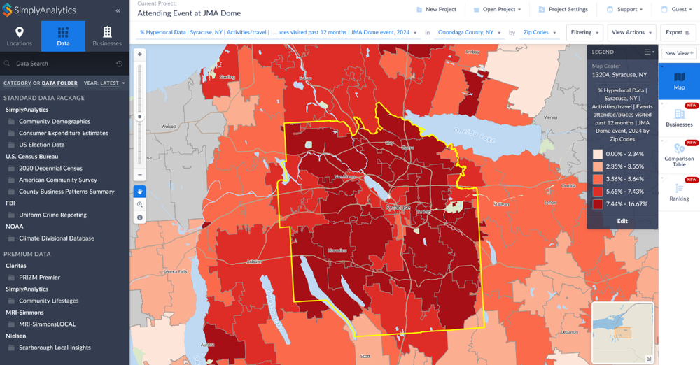 Map created in Simply Analytics showing the percentage of people in Syracuse who attended a JMA Dome event in 2024