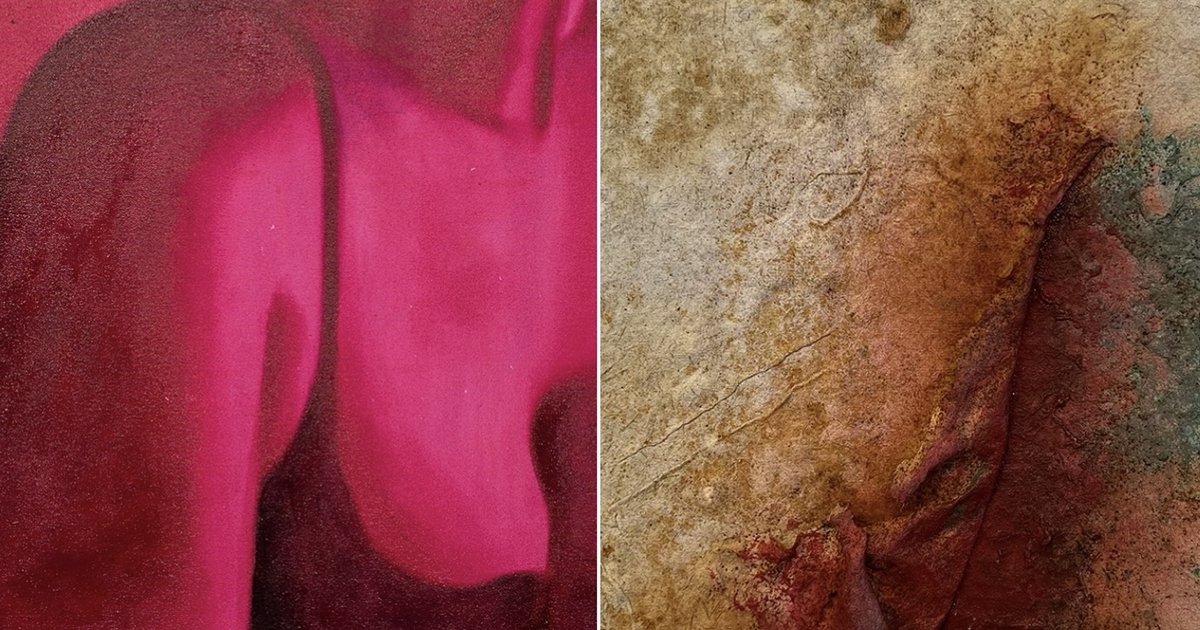 part of arm and chest covered in bra painted in pink or left and tan particles on right