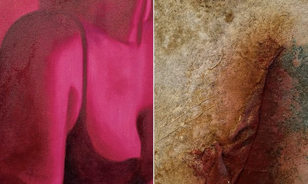 part of arm and chest covered in bra painted in pink or left and tan particles on right