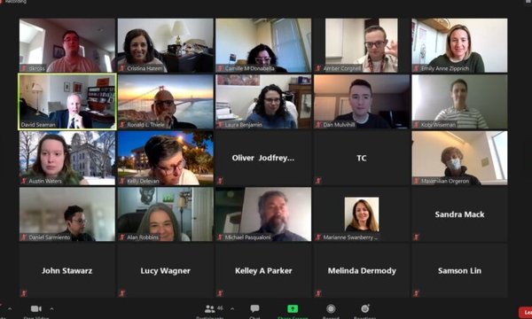 Screenshot of Zoom meeting virtual celebration with panels of faces