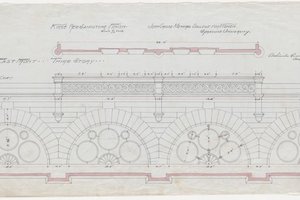 Image of a white, black and pink drawing of architectural details, signed by Archimedes Russell.