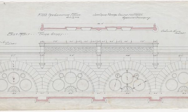 Image of a white, black and pink drawing of architectural details, signed by Archimedes Russell.