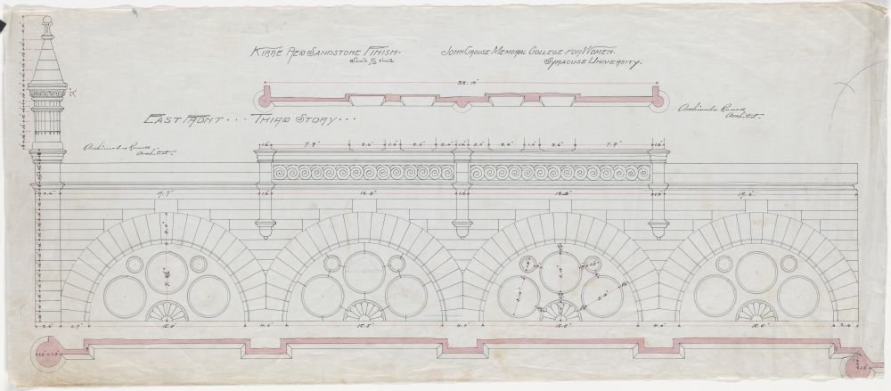 Image of a white, black and pink drawing of architectural details, signed by Archimedes Russell.