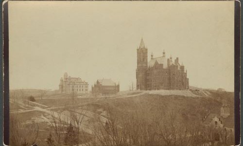 sepia photo of SU campus with Crouse building