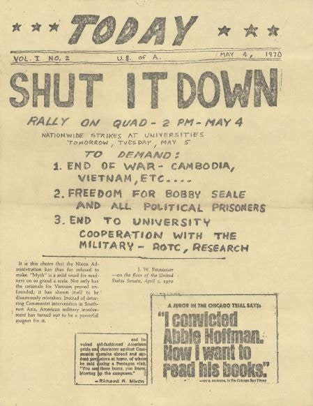“Shut It Down” rally flyer for nationwide strikes, 4 May 1970. Syracuse University News and Public Affairs Records, University Archives.