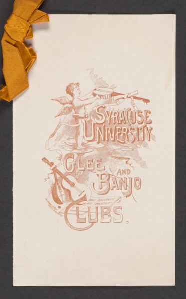 Orange design on white background; program of Syracuse University Glee and Banjo Clubs with orange ribbon in corner