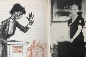 left side cartoon drawing of Mary Church Terrell and right side a posed photo of Mary Church Terrell