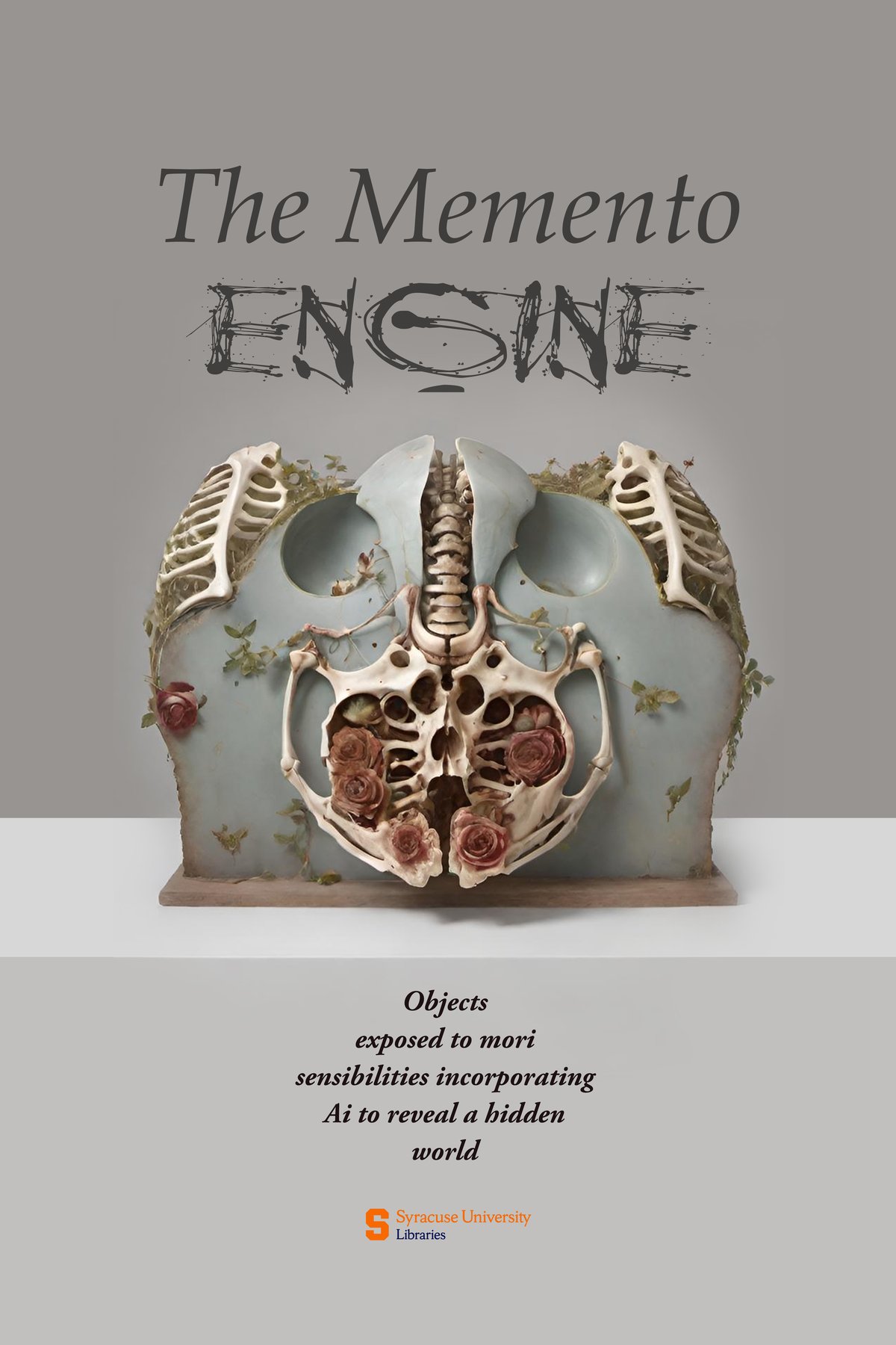 The Memento Engine at top with image of blue ceramic shape with rib and skeletal bones and flowers
