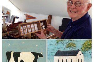 photo of older man at top, painting of folk art cow and house in middle, words Folk Art at bottom