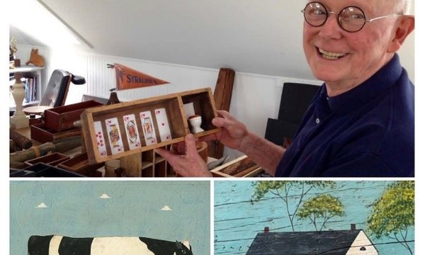 photo of older man at top, painting of folk art cow and house in middle, words Folk Art at bottom