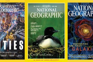 Cover of three National Geographic magazines.
