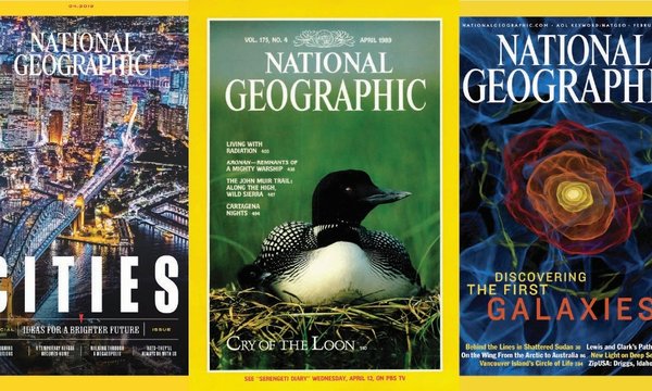 Cover of three National Geographic magazines.