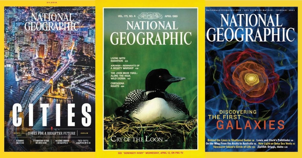 Cover of three National Geographic magazines.