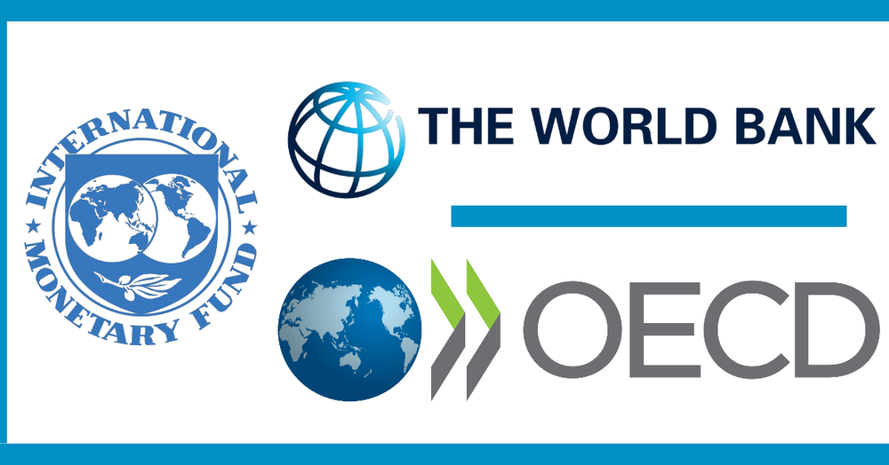 collection of the logos of the International Monetary, the Organisation for Economic Co-operation and Development, and the World Bank