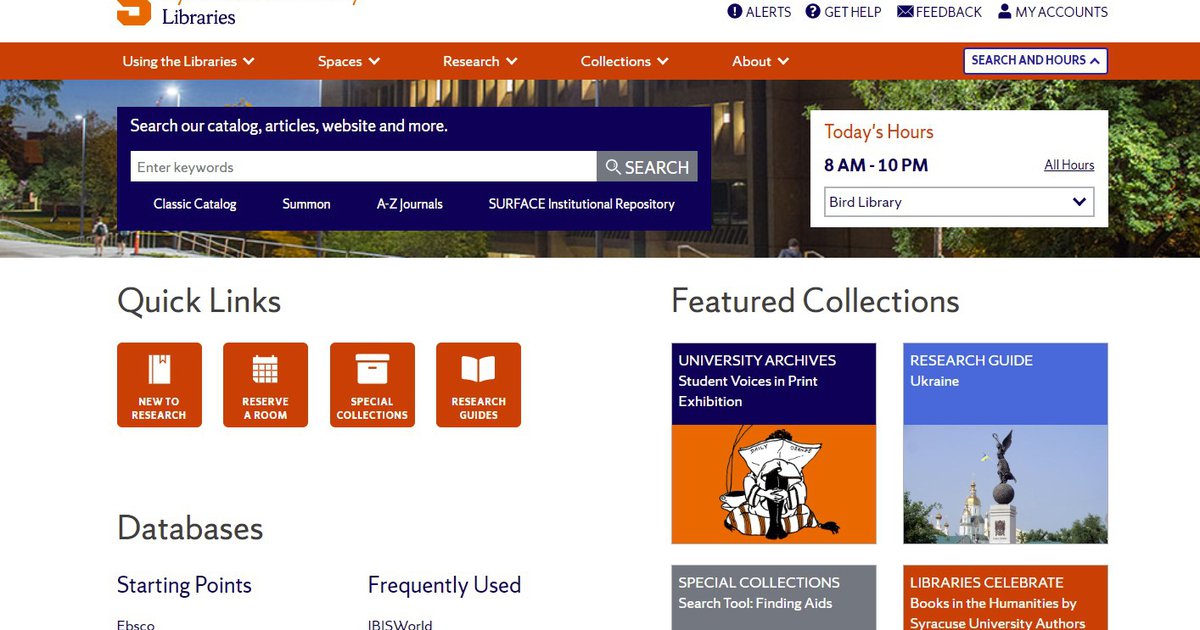 Screenshot of Libraries website homepage with search bar, hours, quick links, featured collections, and databases