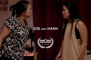 Zoe and Hanh film screen with laurels