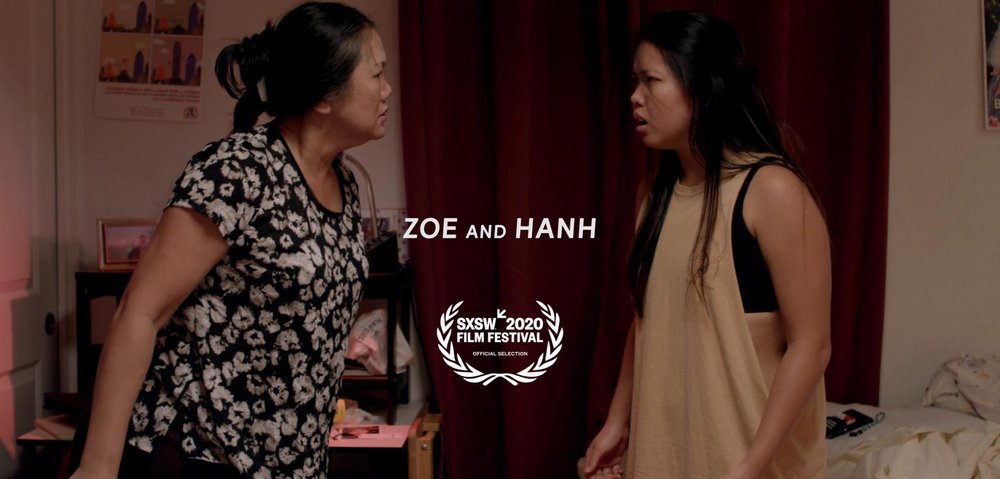 Zoe and Hanh film screen with laurels